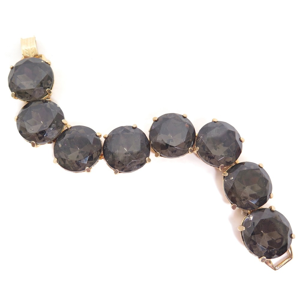 Vintage High End Large Dark Olivine Gray Rhinestone Gold Plated Bracelet‎